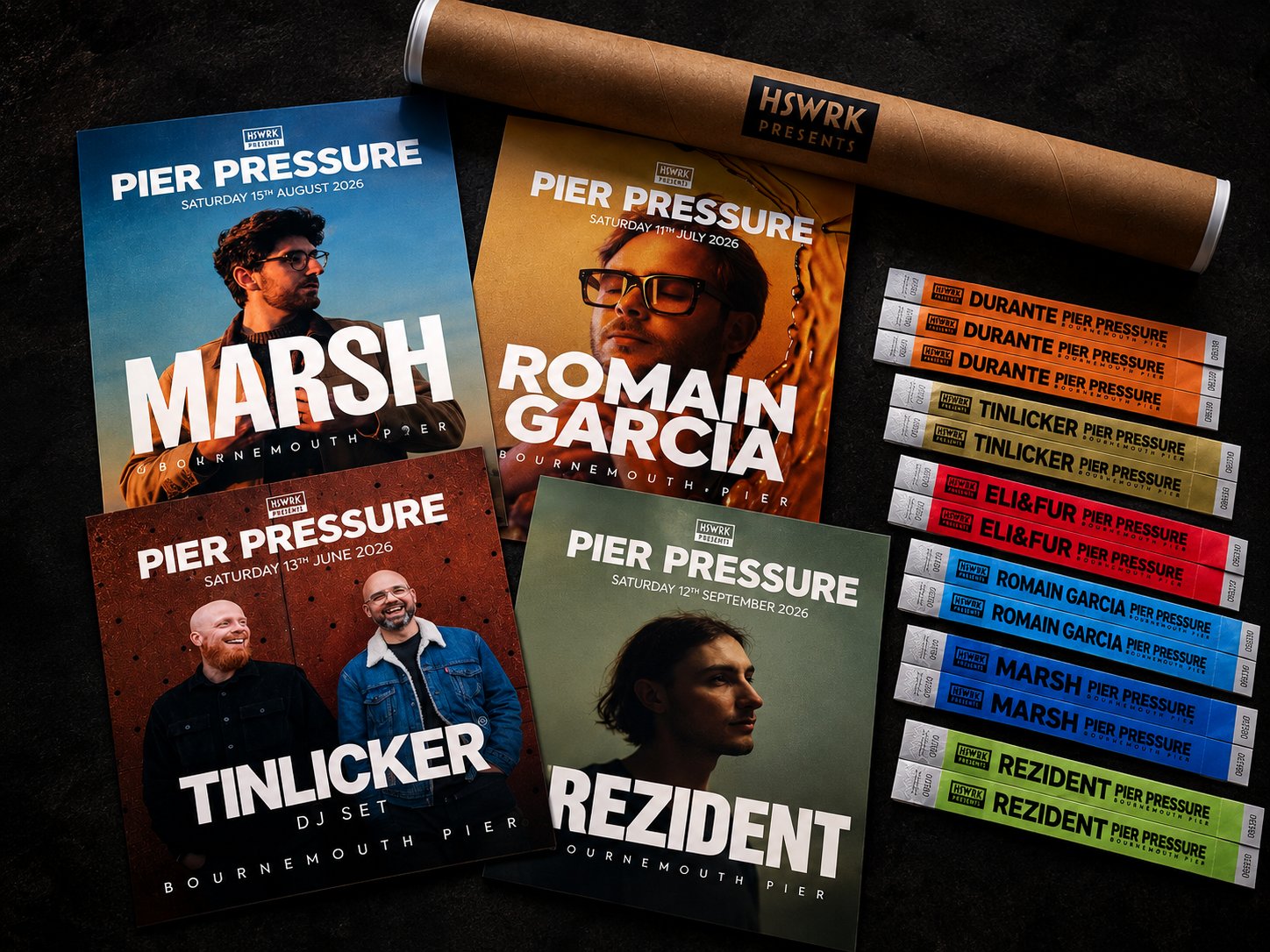 Four Pier Pressure 2026 A3 event poster prints with HSWRK event wristbands